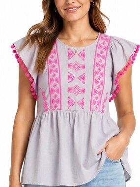 Lilly Pulitzer Tunic Top XS Gray Pink Embroidered Pom Pom Flutter Sleeve Boho